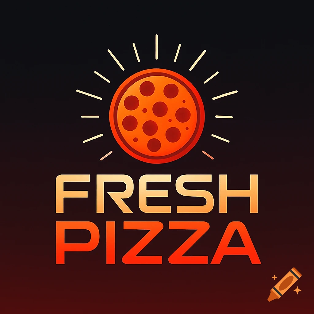 A stylized logo featuring an orange pizza with radiating lines above the words 'FRESH PIZZA' in orange and yellow text on a dark background.