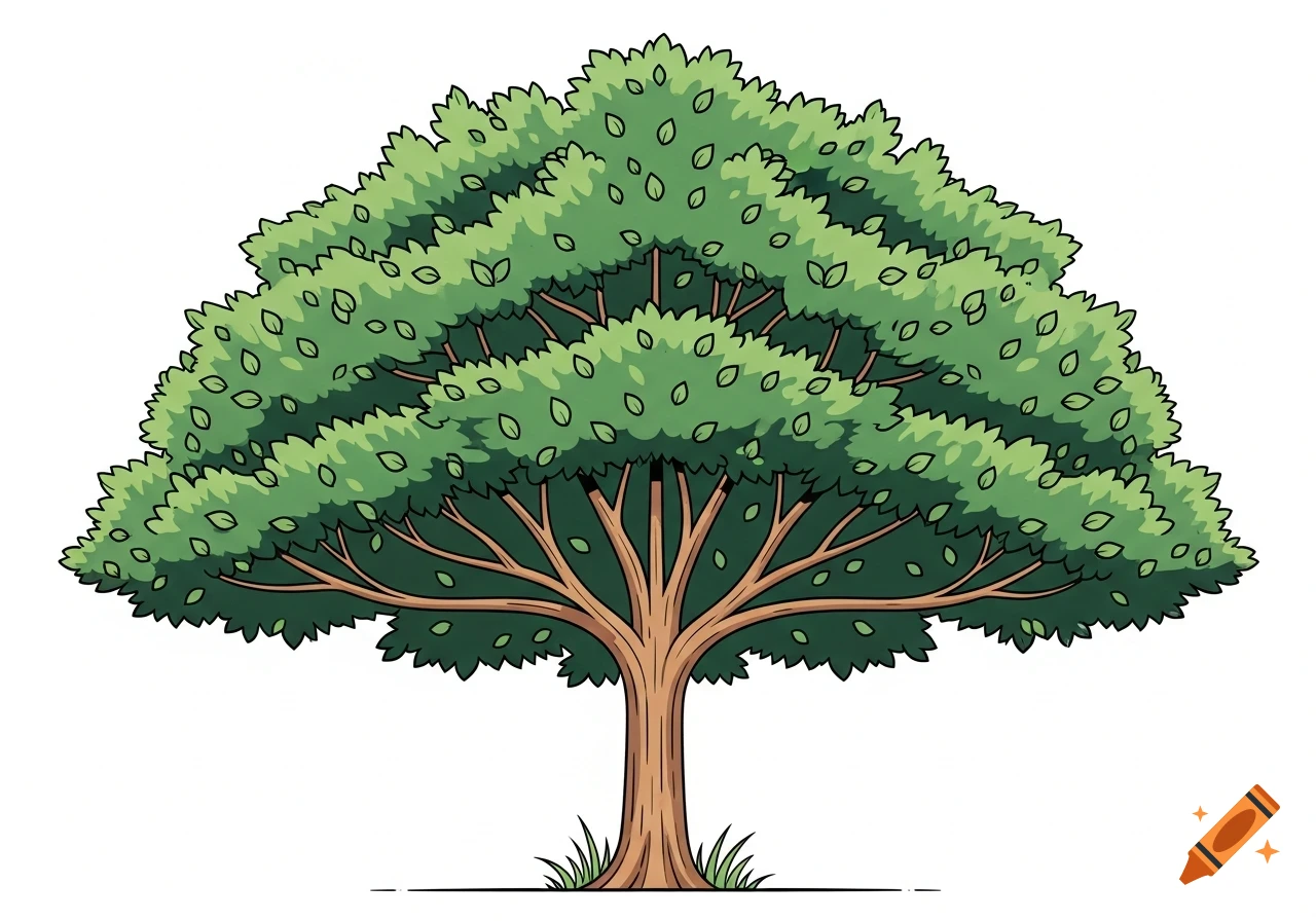 Stylized green tree with a brown trunk and roots in a clean clipart style.