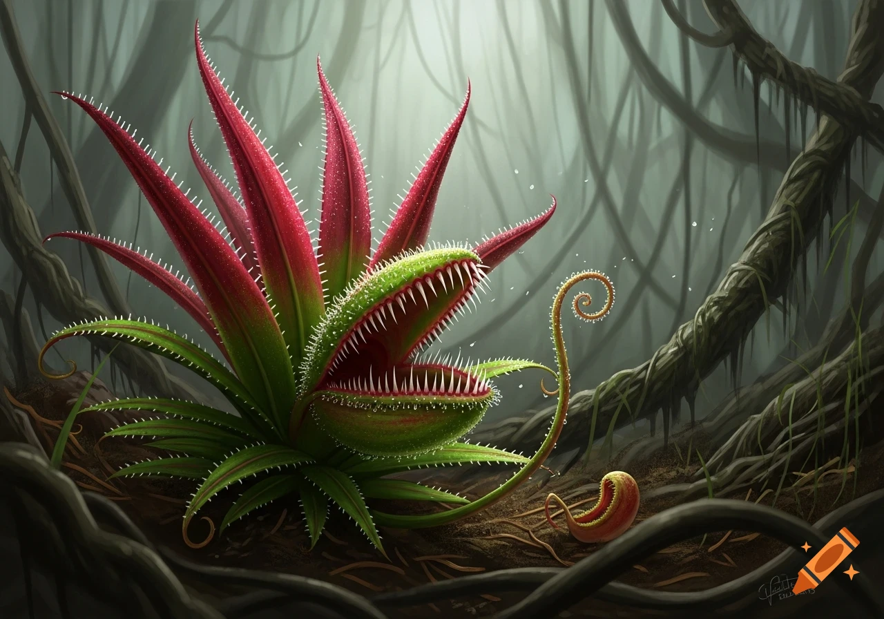 Stylized red and green carnivorous plant with sharp teeth in a misty jungle, with a small pitcher plant nearby.