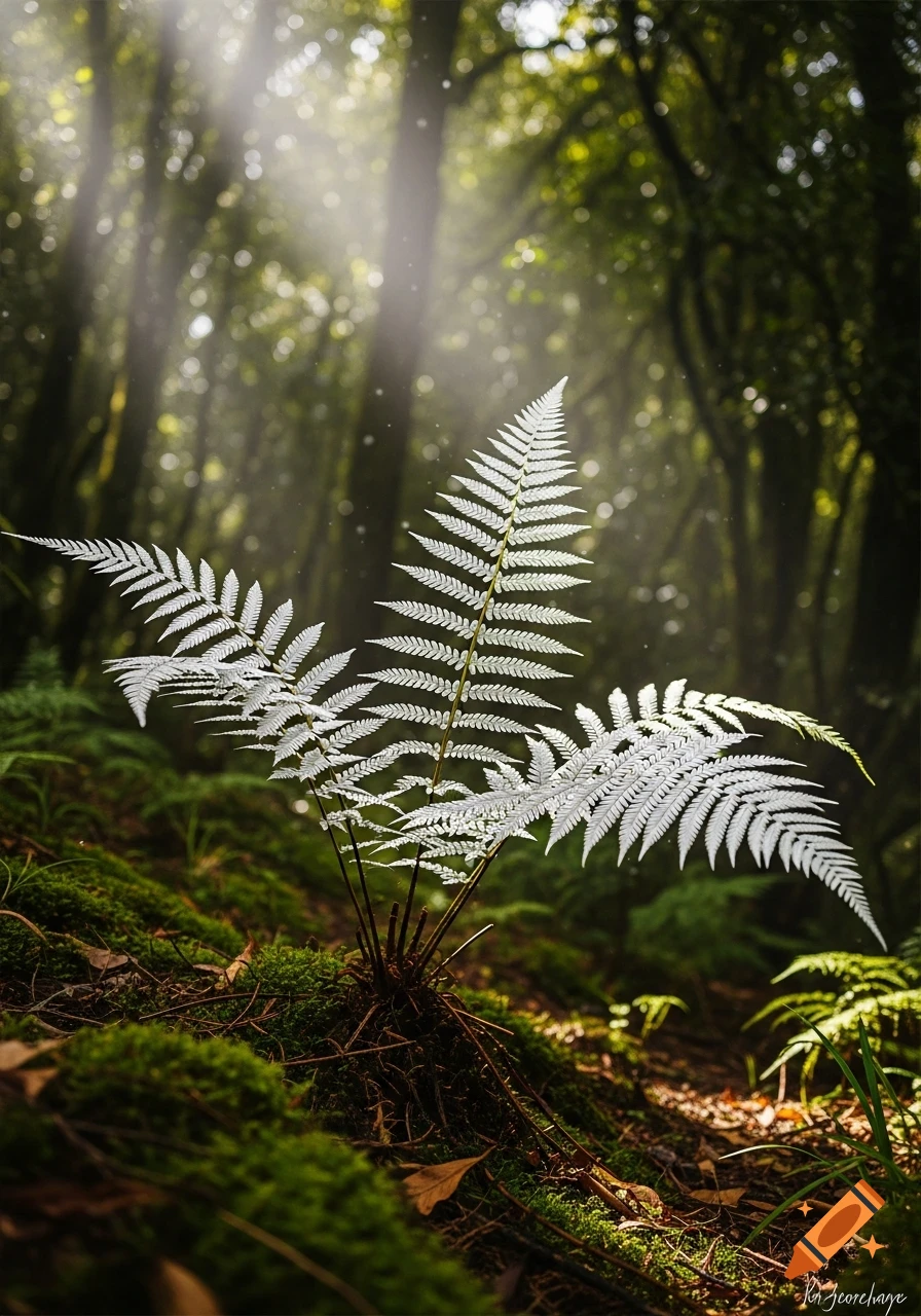 A vibrant silver fern glows in a sunlit forest, surrounded by lush green moss and dappled light filtering through trees.
