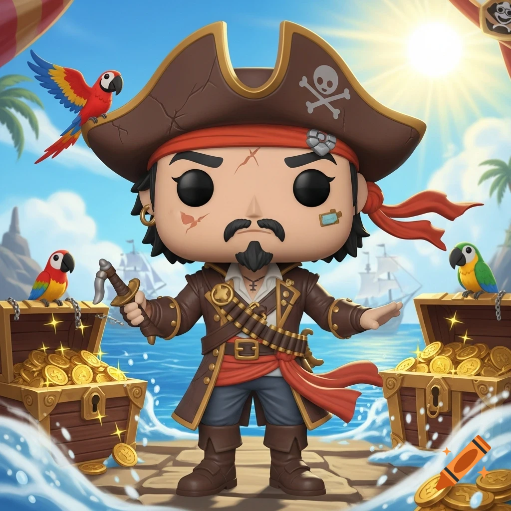 A cartoon Funko Pop pirate figure stands on a beach with open treasure chests full of gold, flanked by parrots, under a sunny sky.