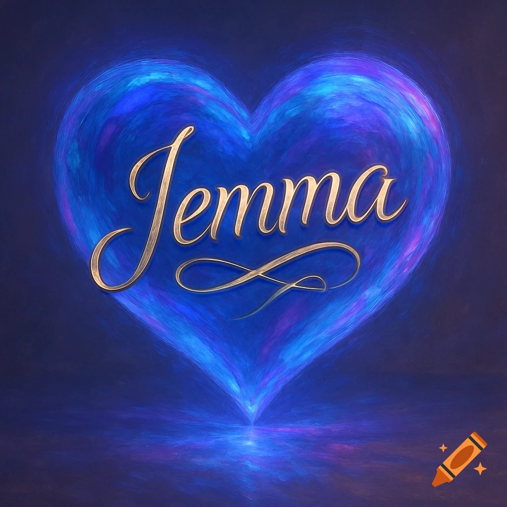Golden script spelling 'Jemma' over a glowing blue and purple heart with a reflected surface.