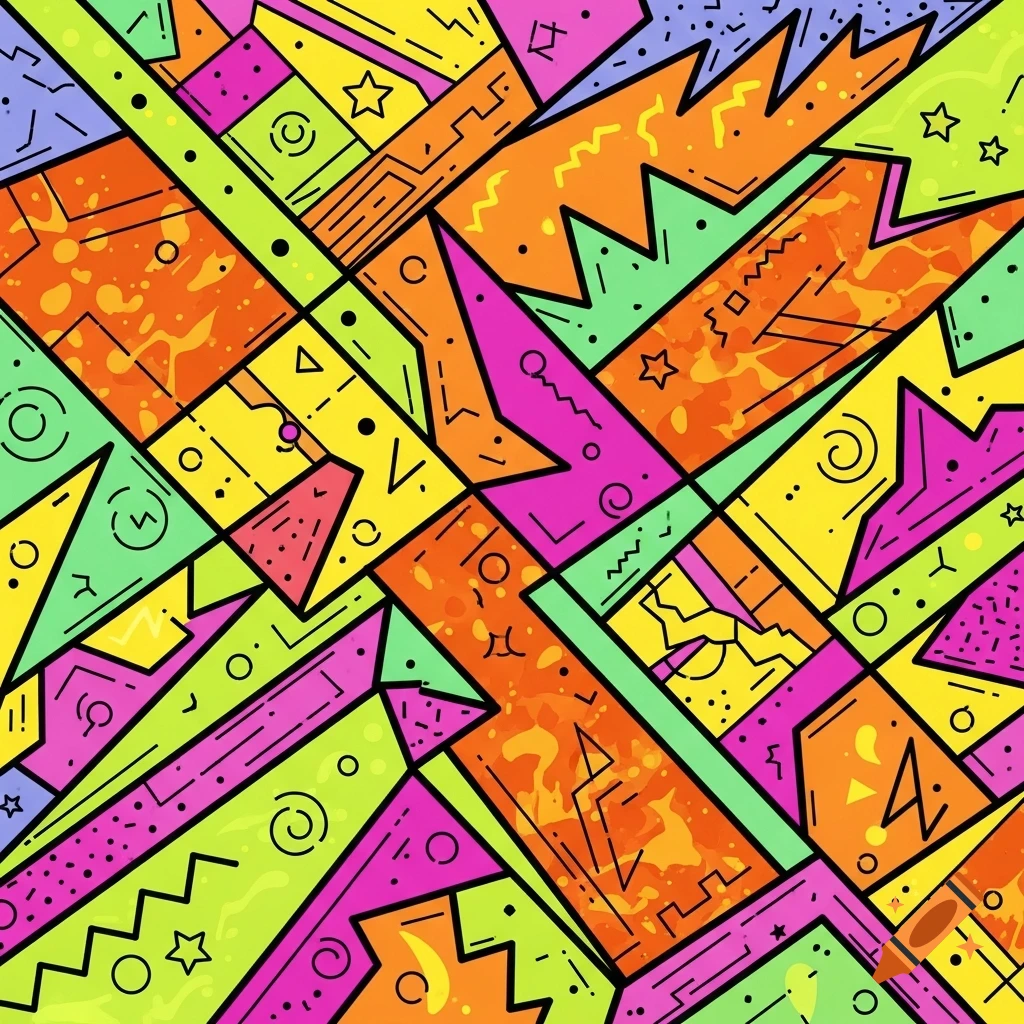 A vibrant, angular abstract pattern in 90s style with neon green, orange, pink, yellow, and purple shapes.