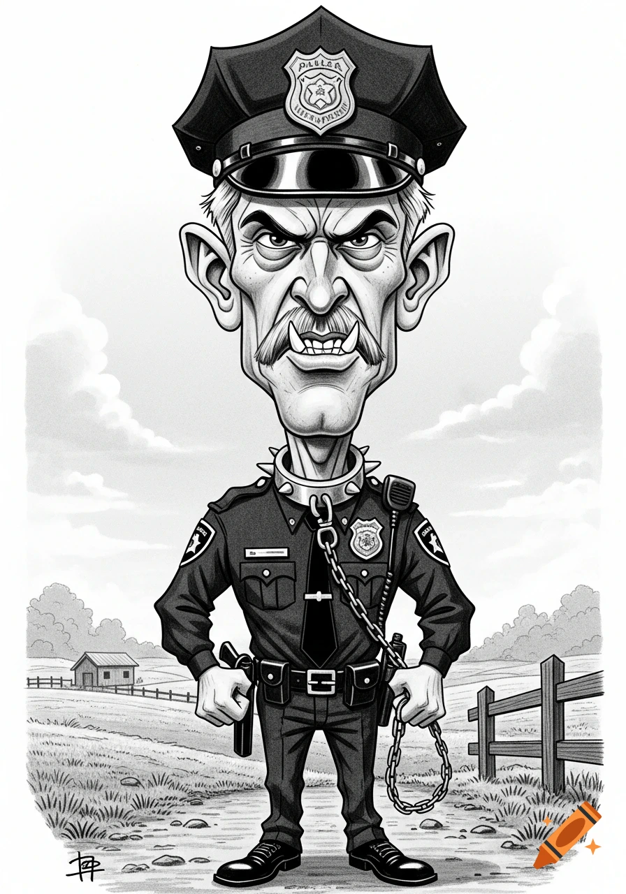 A menacing, cartoonish police officer caricature with a spiked collar and fangs, holding a chain, stands in a black and white rural scene with a field and fence.
