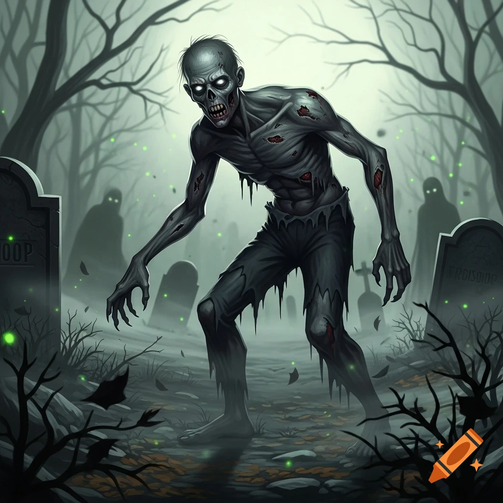 A decaying zombie with glowing eyes walks through a misty, dark graveyard with spooky trees and gravestones.