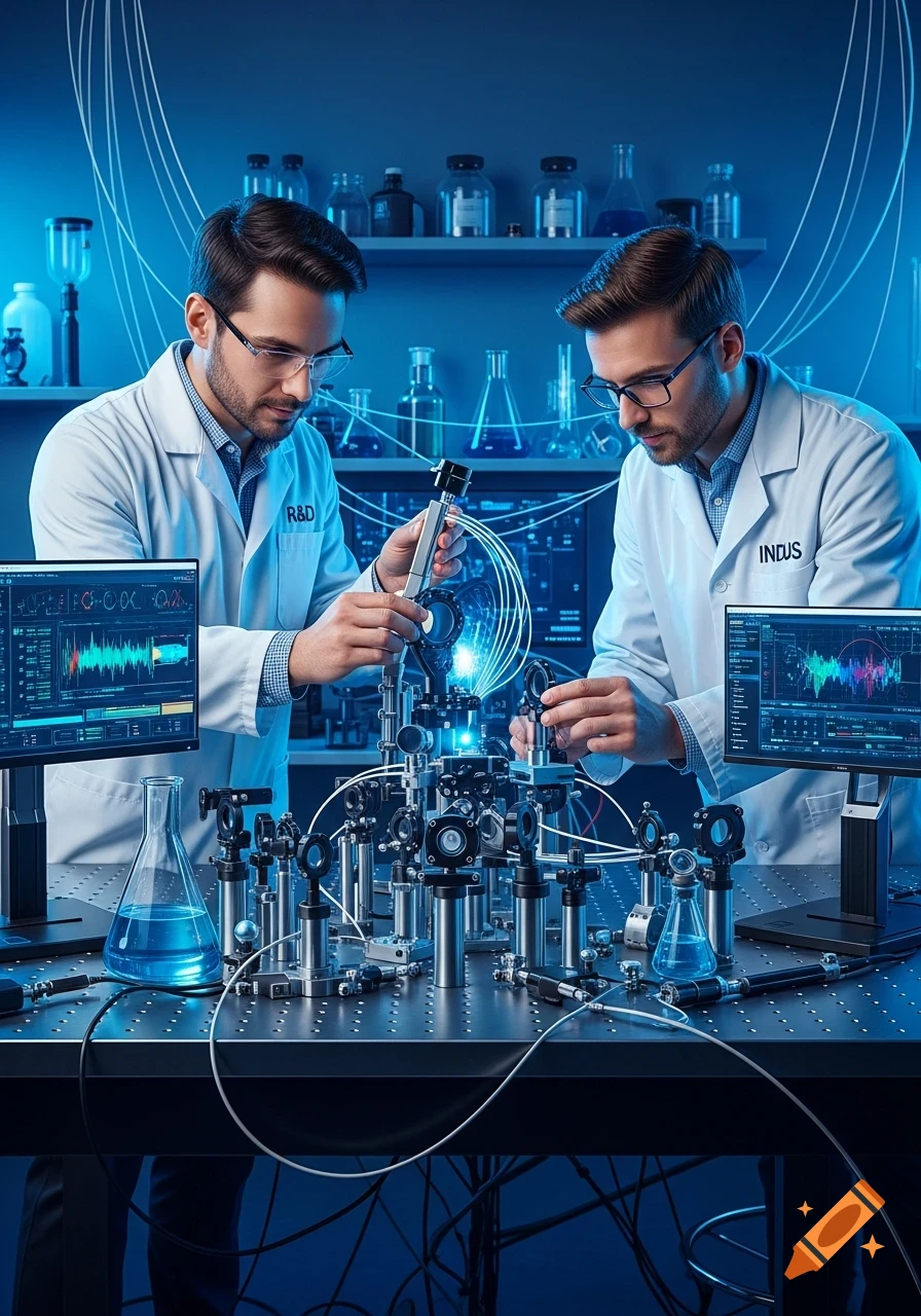 Two male scientists in lab coats work intently on a complex optical table with lasers and scientific equipment in a blue-lit laboratory.