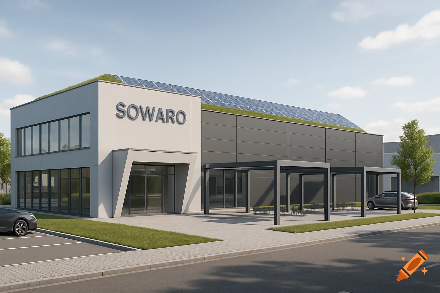 Photorealistic exterior view of a modern SOWARO commercial building with a green roof, solar panels, and a light gray office front connected to a dark gray production hall. Pergolas, parking, and trees are in front under a clear sky.