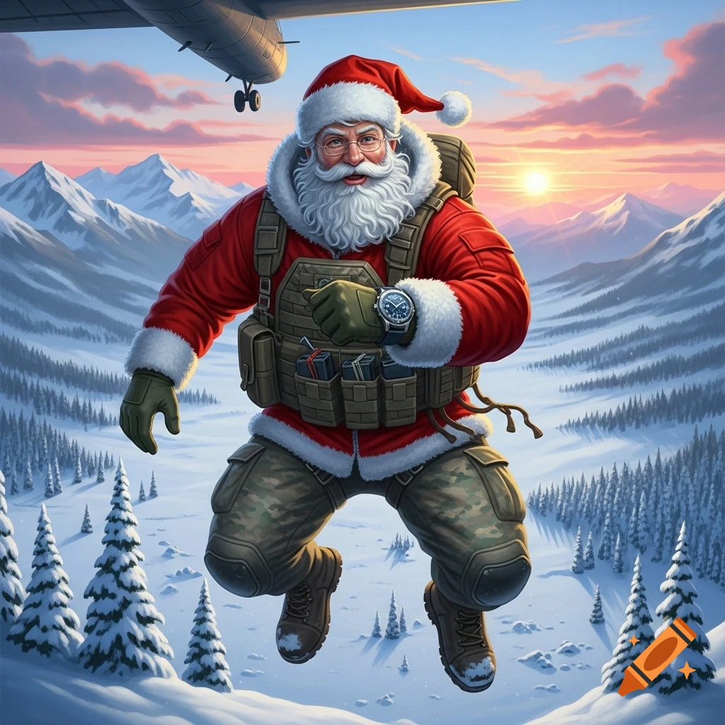 Santa Claus, dressed as an arctic paratrooper with tactical gear and a ...