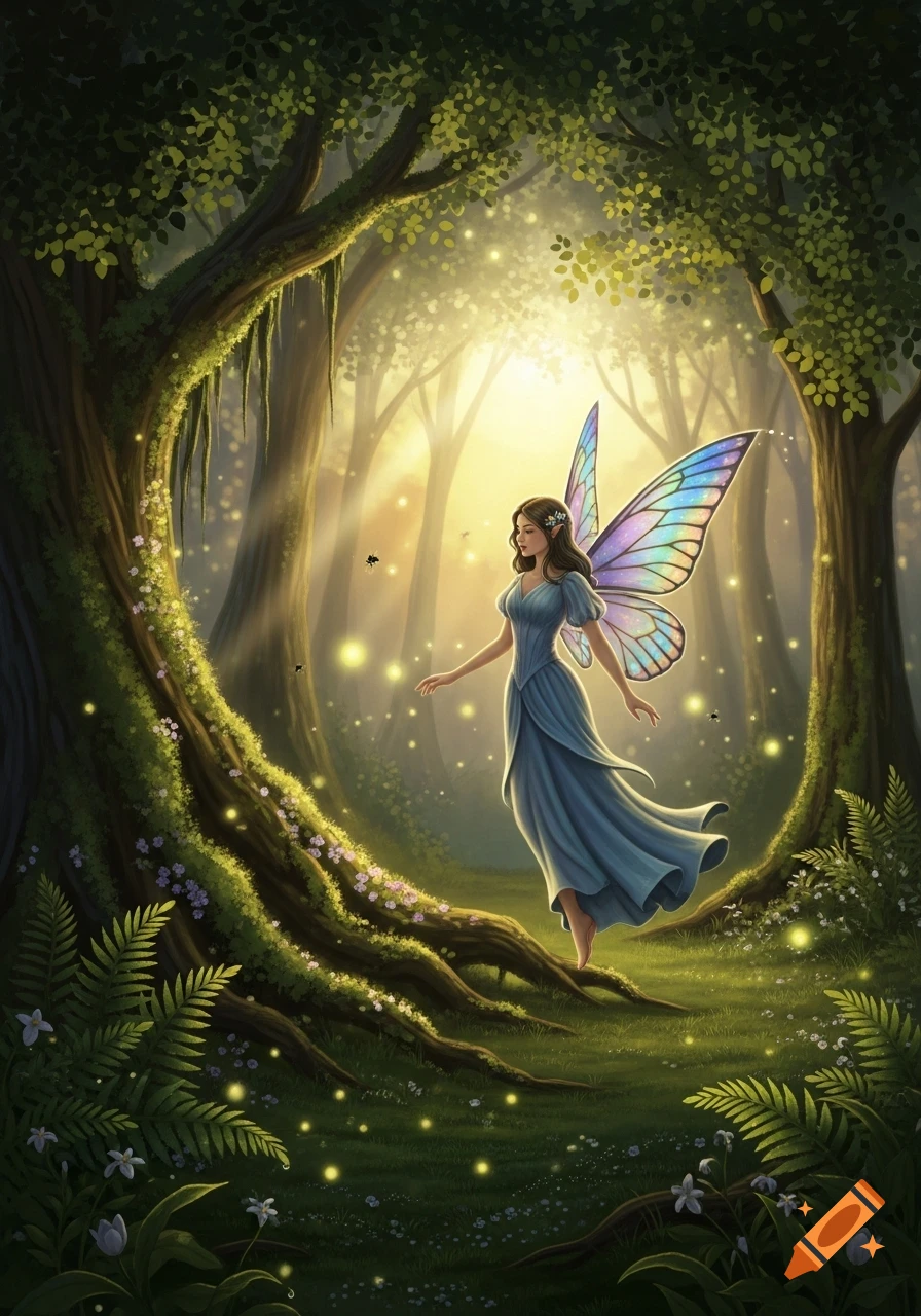 A fairy with iridescent wings and a blue dress floats in a magical, glowing forest with moss-covered trees and fireflies.