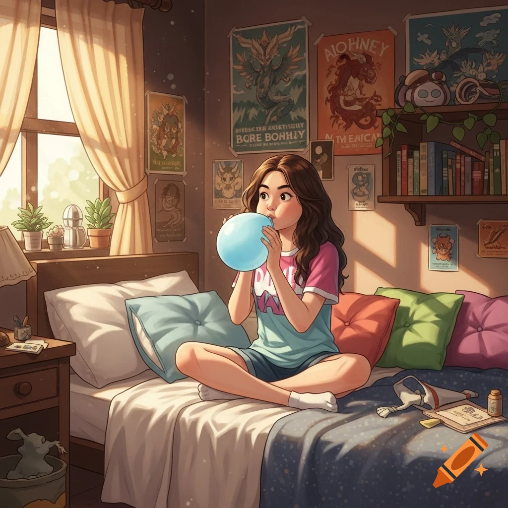 A cartoon girl with brown hair sits cross-legged on a bed, blowing a light blue balloon in a sunlit bedroom filled with posters.