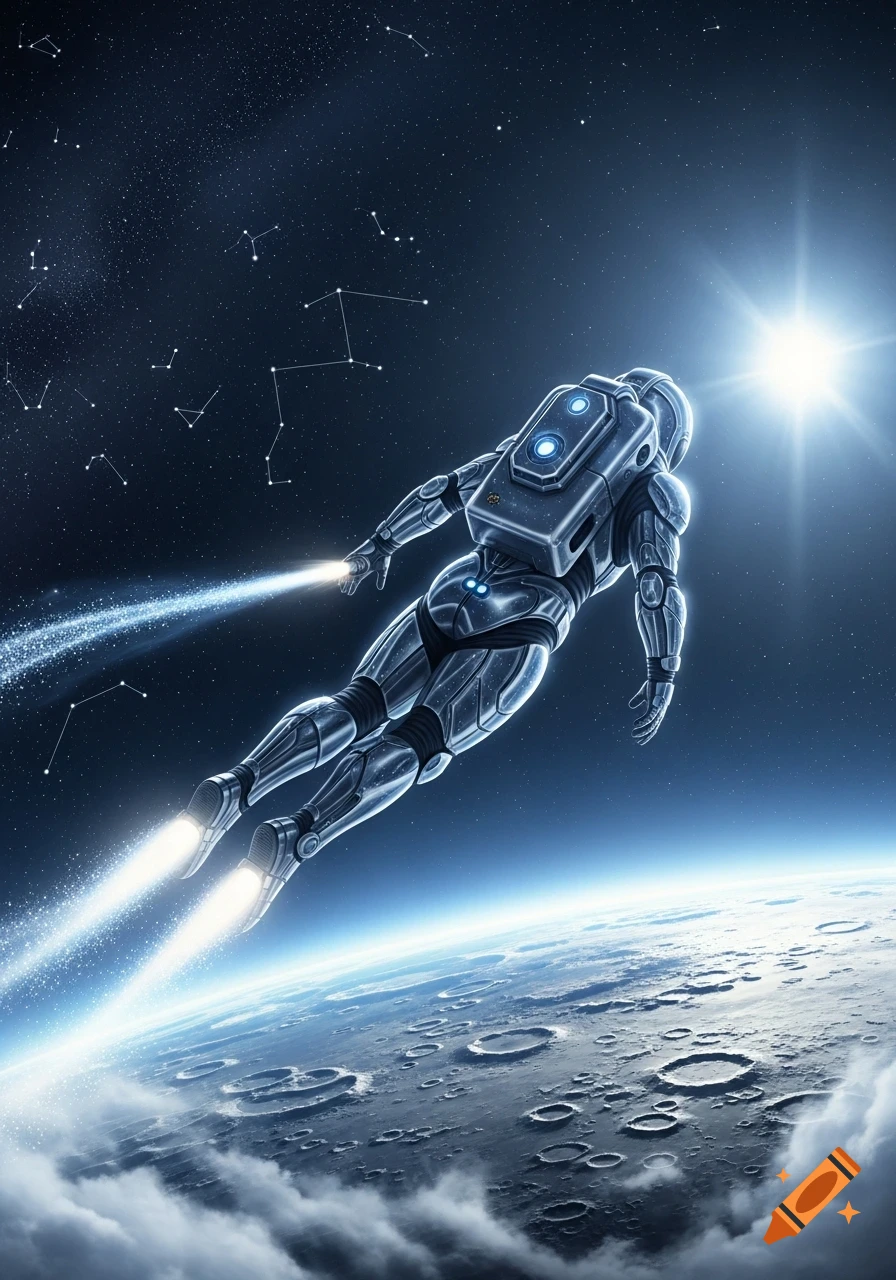 An astronaut in a silver suit flies over a cratered planet in space, with stars and a bright sun.