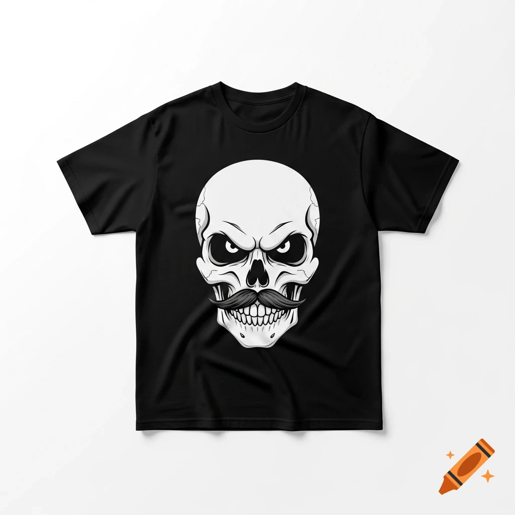 Black T-shirt featuring a stylized white skull with an evil gaze and a pencil mustache, on a white background.
