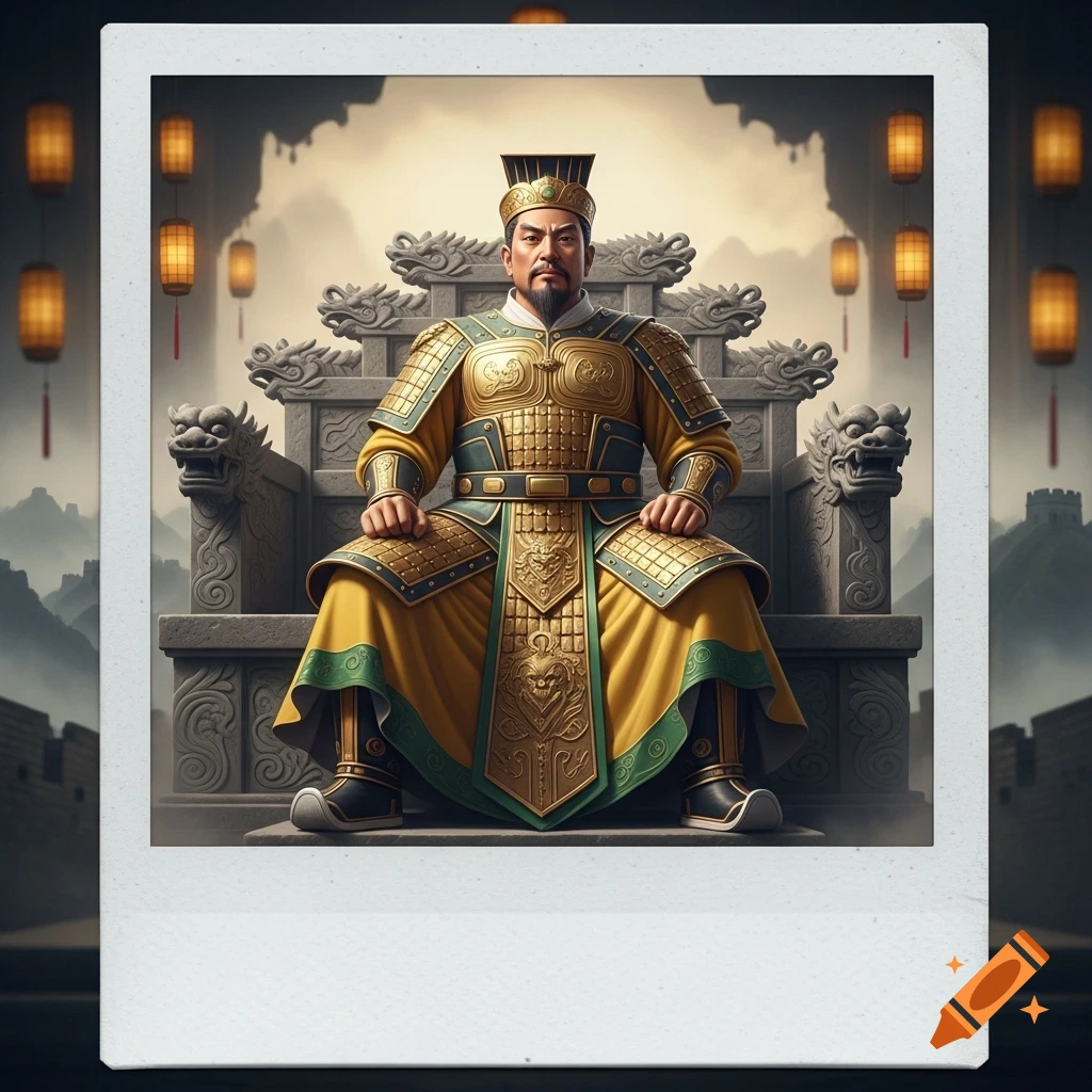 Polaroid photo of a regal Chinese emperor in ornate gold armor, sitting on a dragon-carved stone throne.