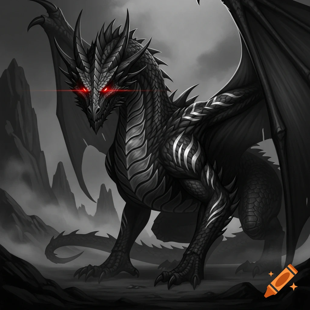 A menacing black dragon with glowing red eyes and silver markings ...