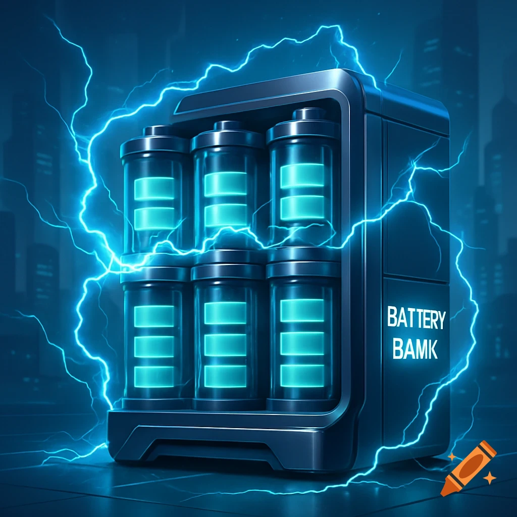 A futuristic battery bank with six glowing blue cells, surrounded by electric lightning bolts against a dark cityscape background.