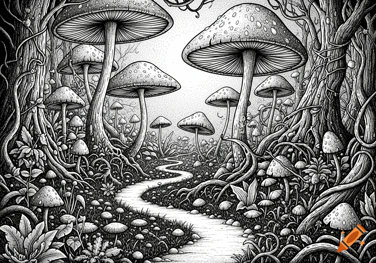 Monochrome drawing of a winding path through a dense fantasy mushroom forest with tall fungi and gnarled roots, rendered with stippling.