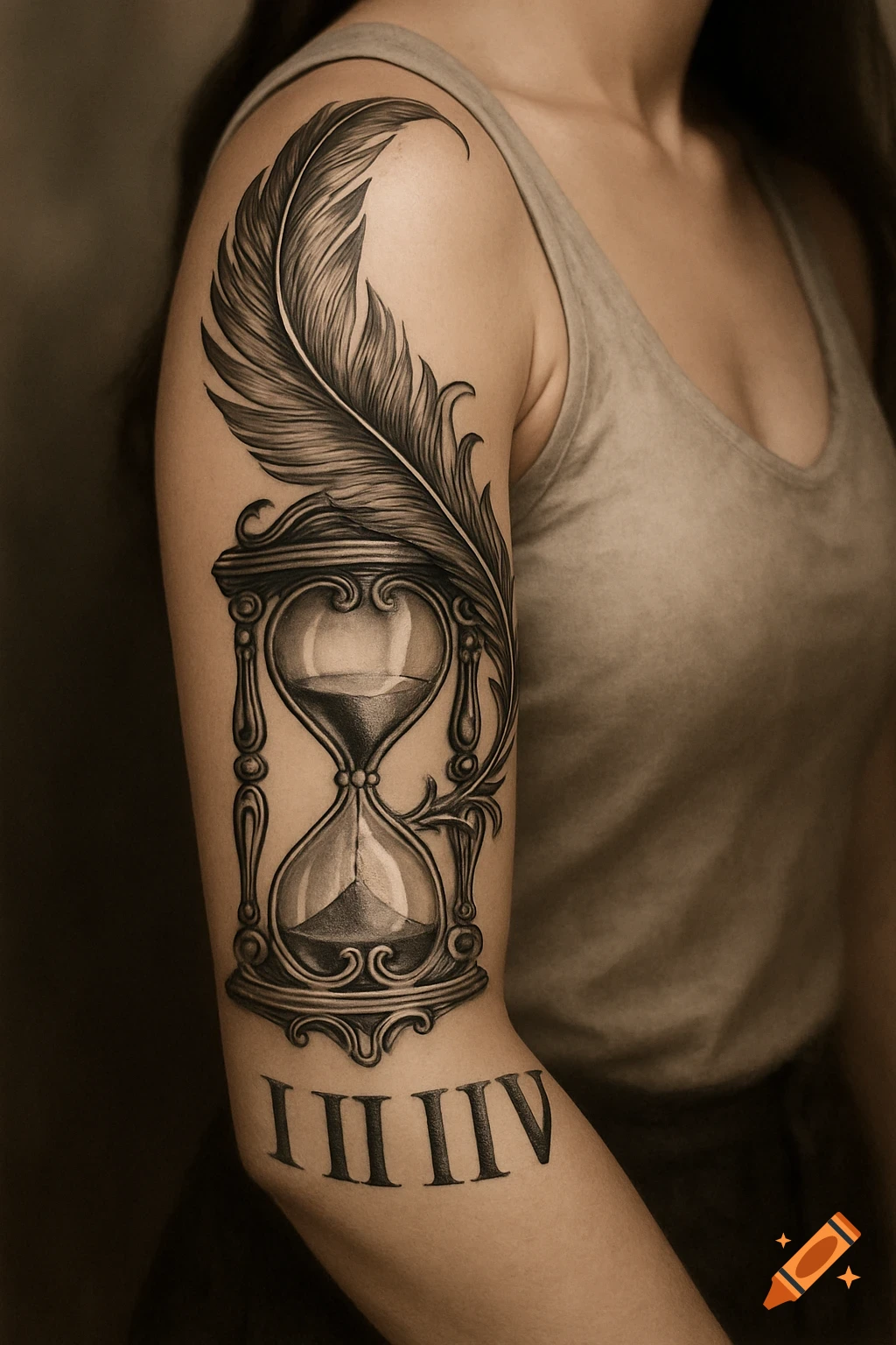 A detailed black and gray tattoo featuring a large feather, an ornate hourglass, and Roman numerals 'I II III IV' on a woman's arm.