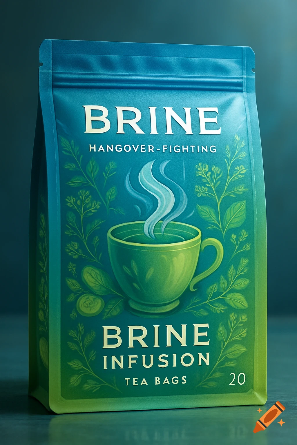 A teal and green package for Brine Infusion Tea Bags, featuring a steaming green cup and leafy designs.