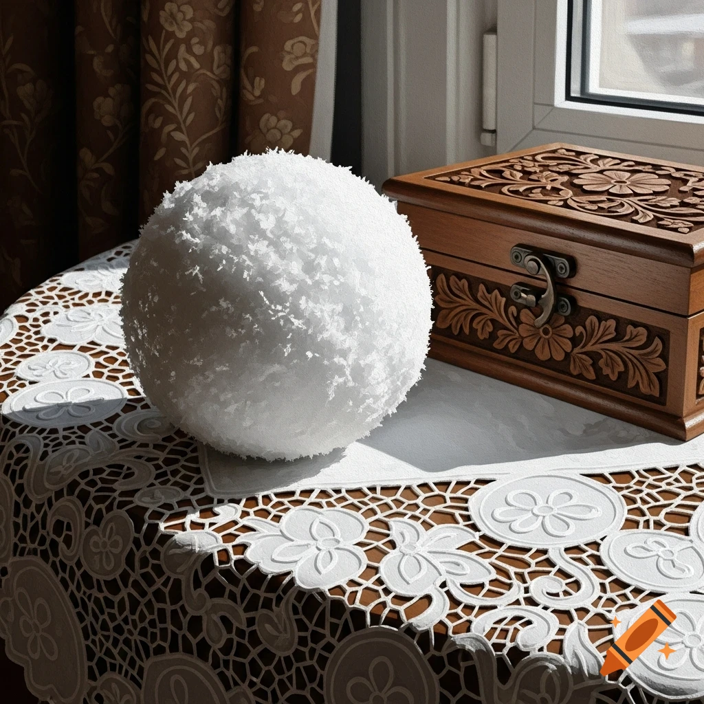 A large white textured sphere resembling a snowball sits on a white lace tablecloth next to a carved wooden jewelry box by a window.