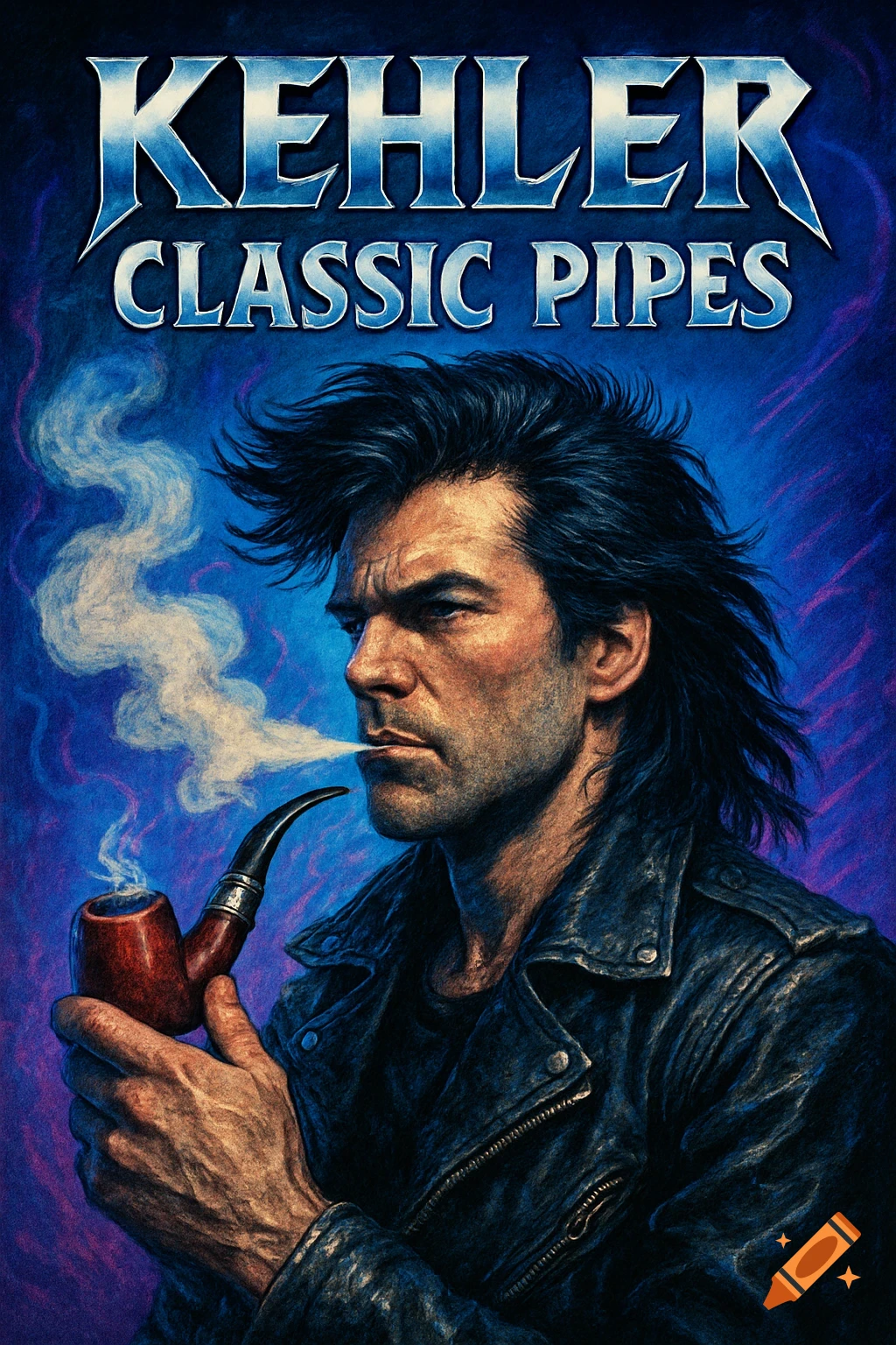 A man with a mullet in a leather jacket smokes a pipe. Text 'KEHLER CLASSIC PIPES' in heavy metal font. Blue-purple background.