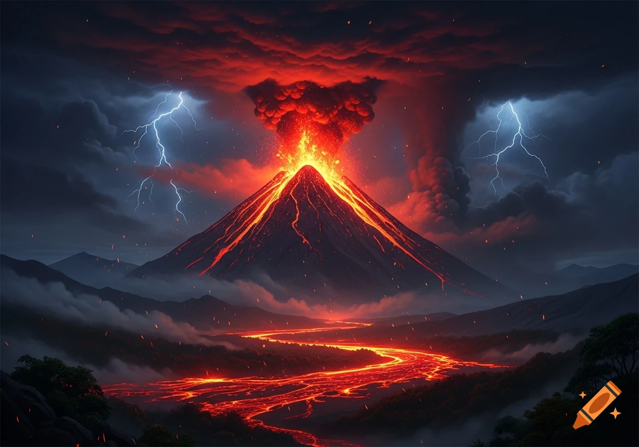 A dramatic volcanic eruption, with glowing lava flowing down the mountain and into a river, under stormy skies with lightning.