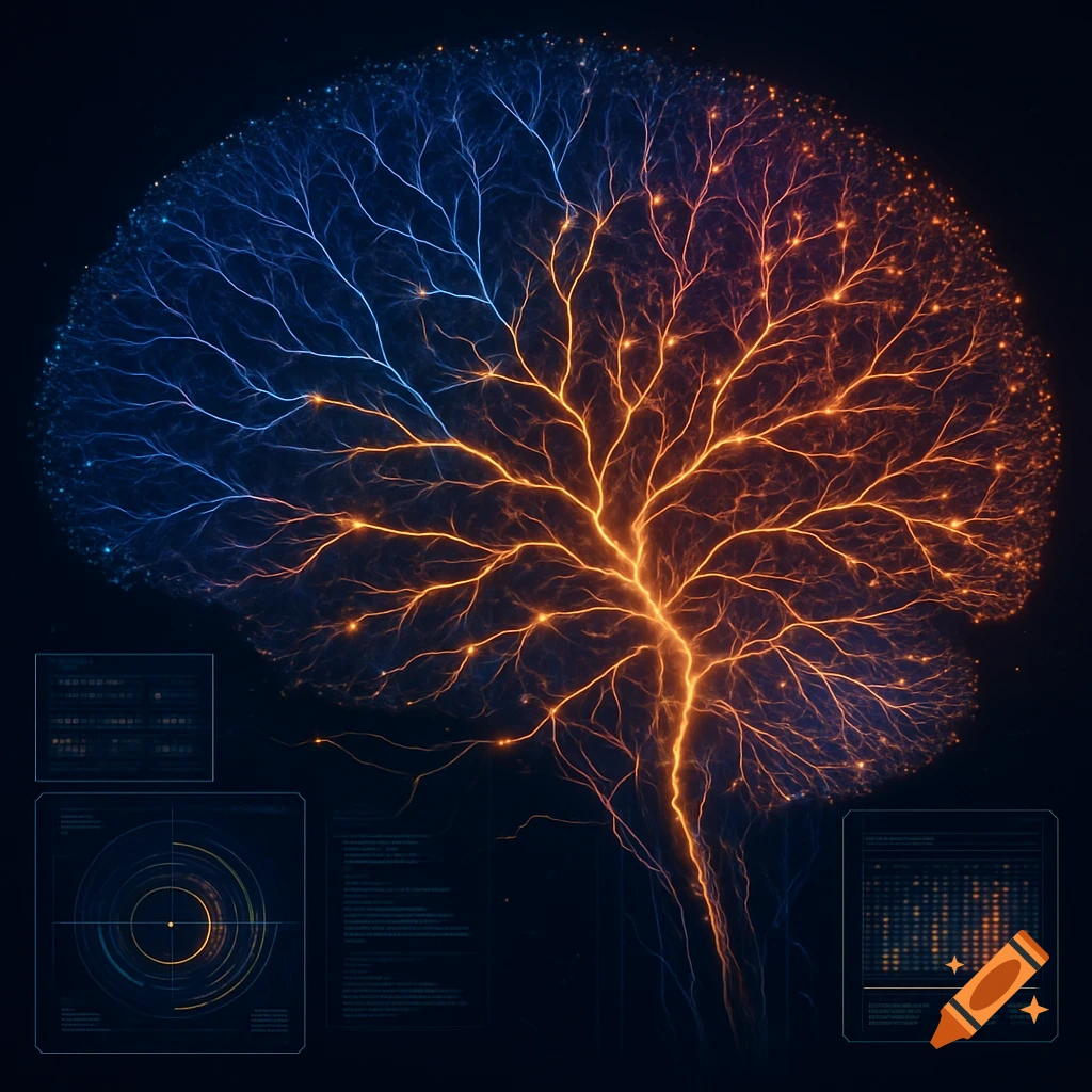 A stylized human brain glowing with intricate blue and orange neural network connections against a dark background, with abstract digital UI elements.