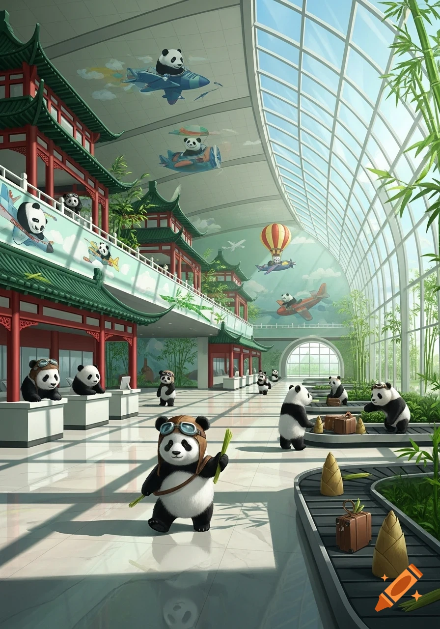 Whimsical cartoon pandas in an airport featuring traditional Chinese buildings, glass ceilings, and pandas flying toy planes or handling luggage.