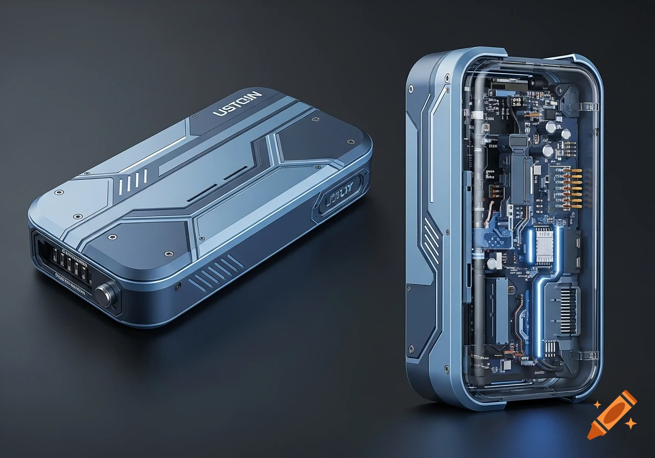 Two futuristic blue and grey electronic devices with industrial design elements. One is closed, the other shows glowing internal circuitry through a transparent case.