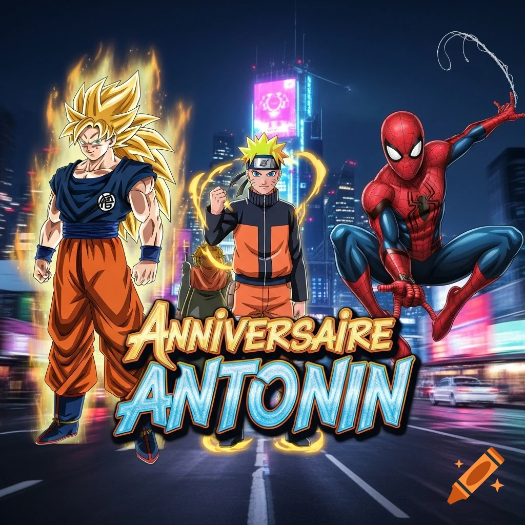 Goku, Naruto, and Spider-Man in a stylized nighttime city with 'Anniversaire Antonin' text.