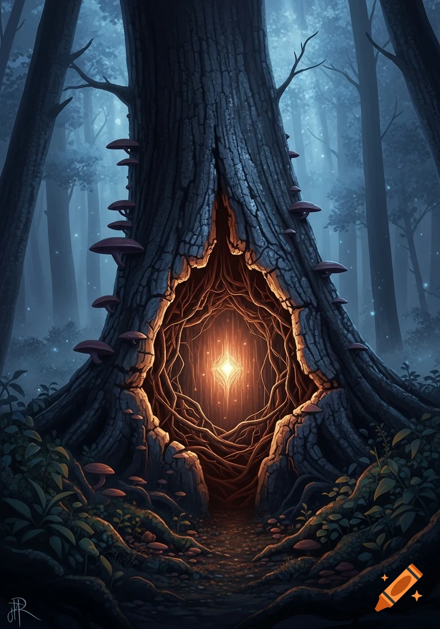 A mystical forest with a giant old tree, hollowed out and glowing with a bright light, surrounded by tangled roots and mushrooms.