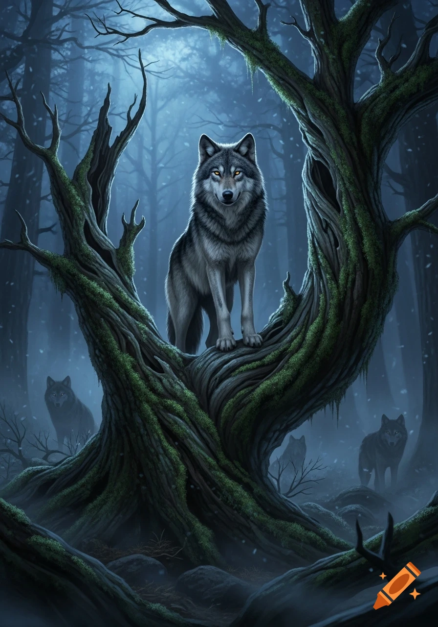 A majestic grey wolf with glowing eyes stands on a gnarled, moss-covered tree in a dark, misty forest, with other wolves in the background.