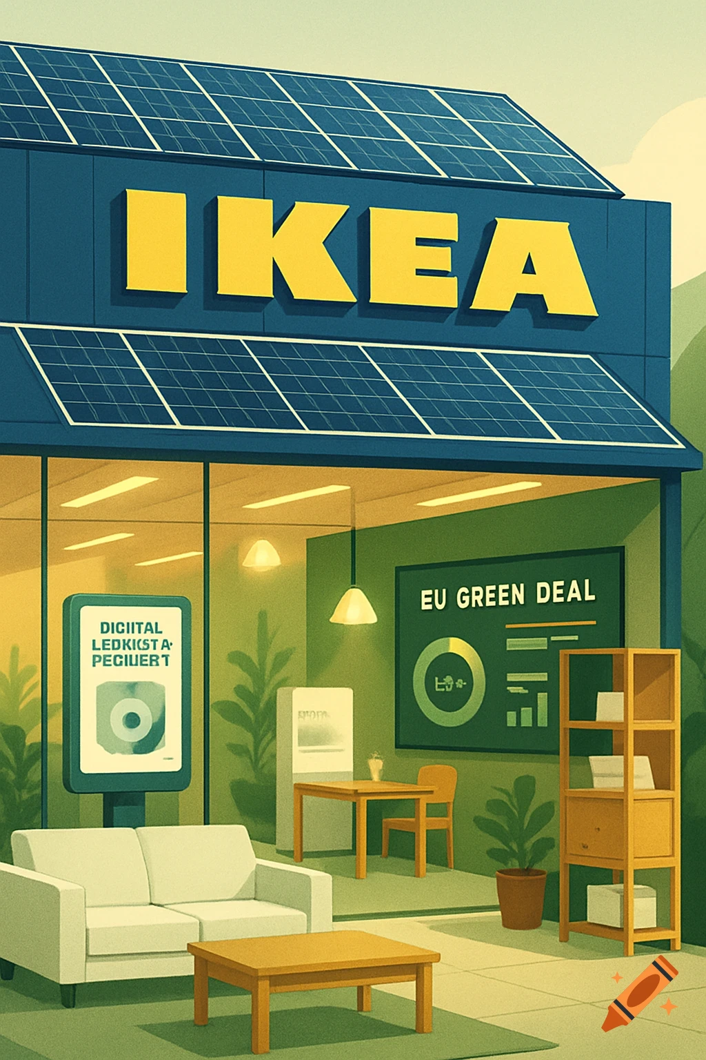 A stylized illustration of an IKEA store with solar panels on its roof, displaying furniture inside and signs about a green deal and digital ledkista.