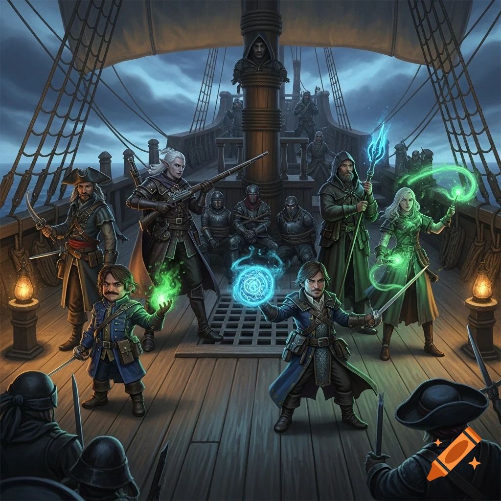 Epic fantasy oil painting of magic-wielding adventurers confronting pirates on a ship's deck at night.