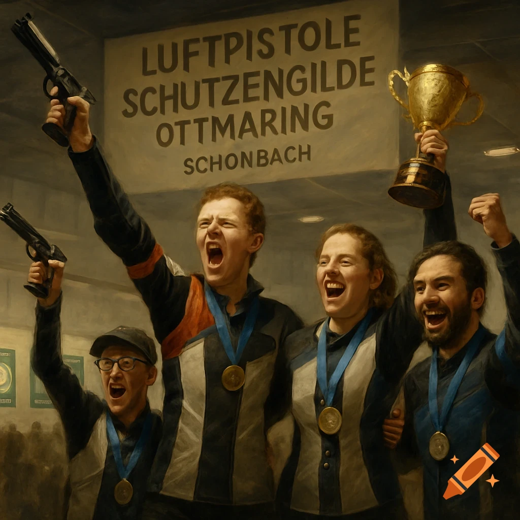 Four people celebrate a victory in a shooting competition, with two holding air pistols and one holding a golden trophy. A banner reads "LUFTPISTOLE SCHUTZENGILDE OTTMARING SCHONBACH".