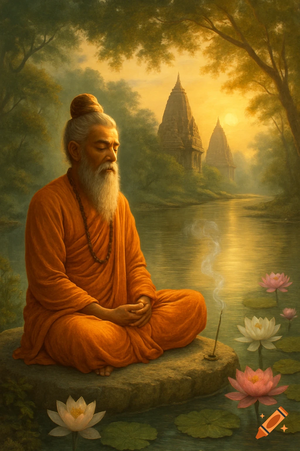 A serene Hindu sage meditates in orange robes by a river with ancient temples, lotus flowers, and a golden sunset. Detailed painting.