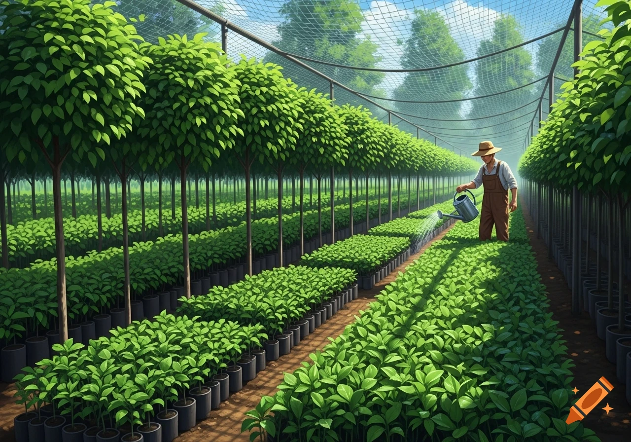 A man in a straw hat and overalls waters rows of lush green young plants in a large, net-covered tree nursery.