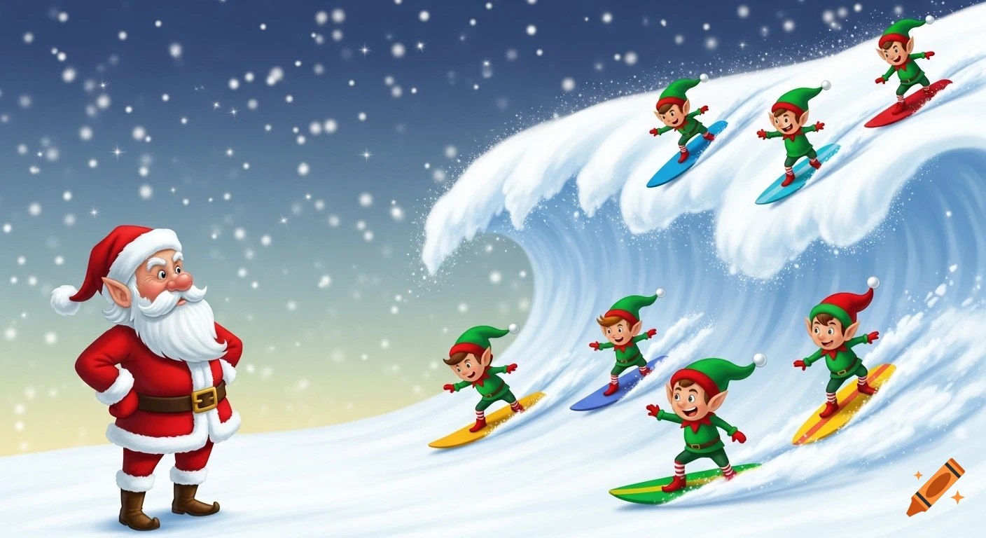 Santa Claus watches, hands on hips, as several cheerful elves surf down large snow waves in a whimsical winter scene.