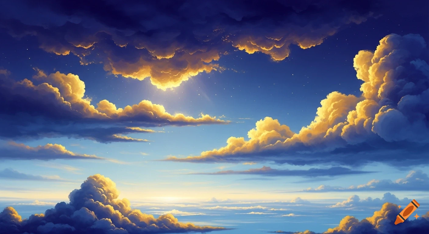 A vibrant sky with fluffy, golden-lit cumulus clouds against a deep blue upper sky fading to lighter blue, with sun rays.