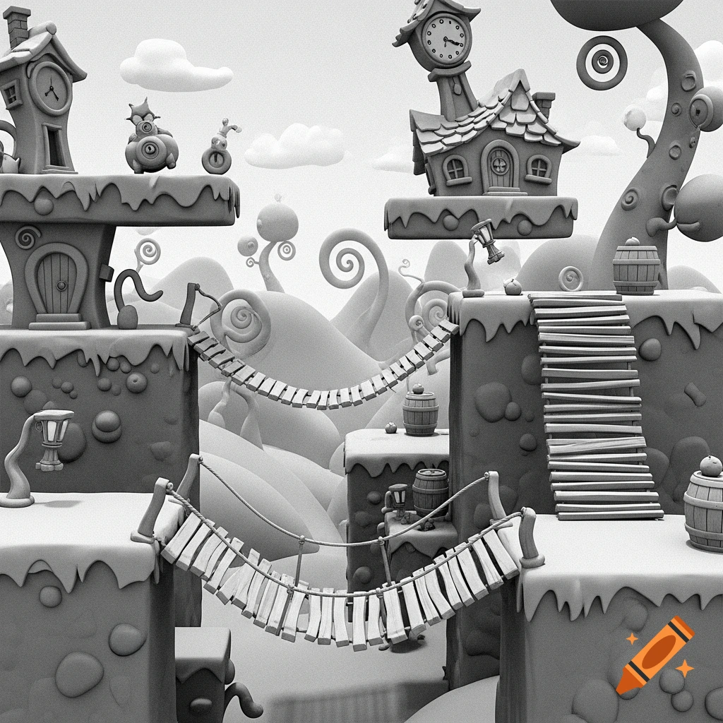 Grayscale 3D platformer level with floating platforms, rope bridges, quirky houses, and whimsical landscape elements.
