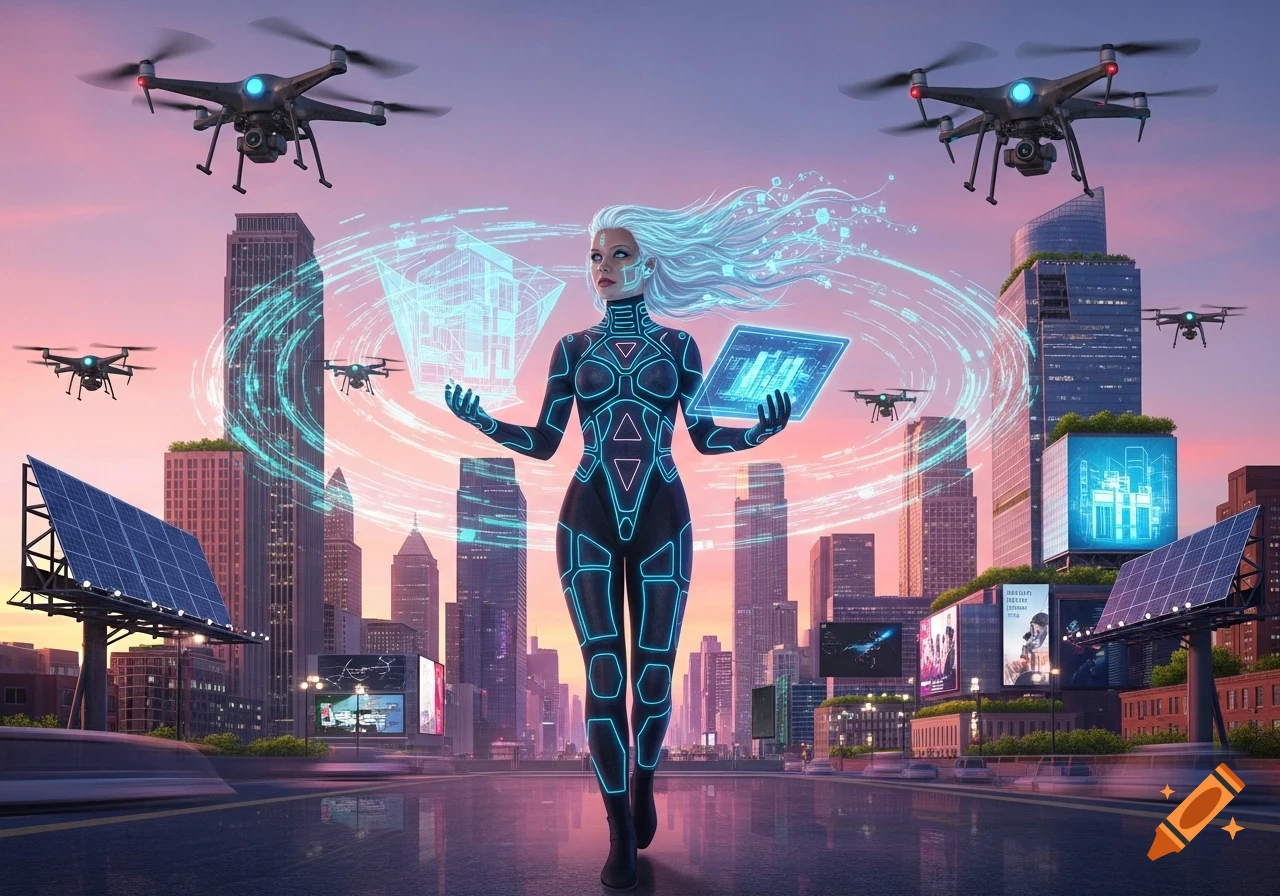 A futuristic woman in a glowing cybernetic suit and flowing white hair walks through a city skyline at dusk, surrounded by drones and holographic projections.