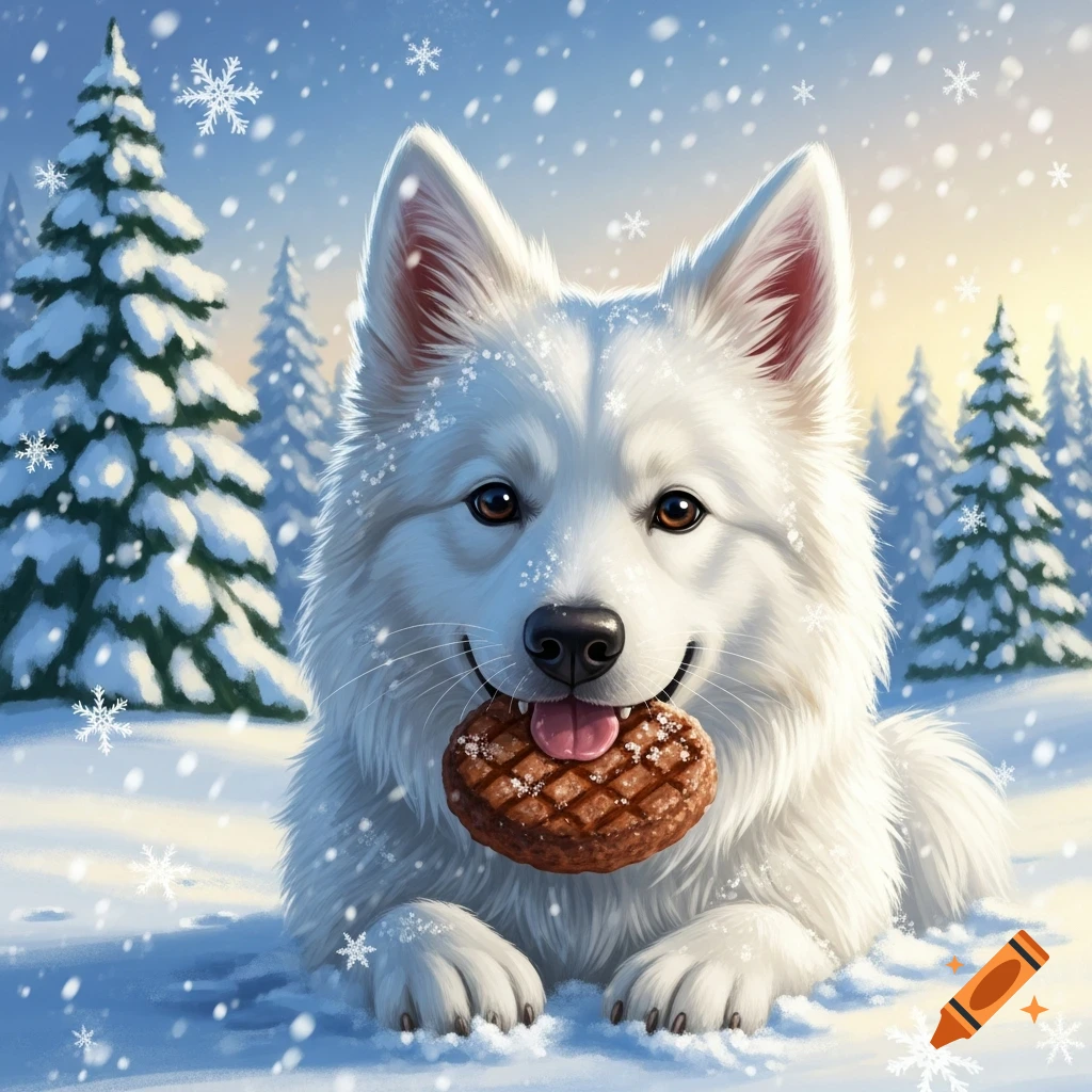 A fluffy white dog smiles, lying in a snowy winter forest, holding a waffle or patty in its mouth as snowflakes fall.