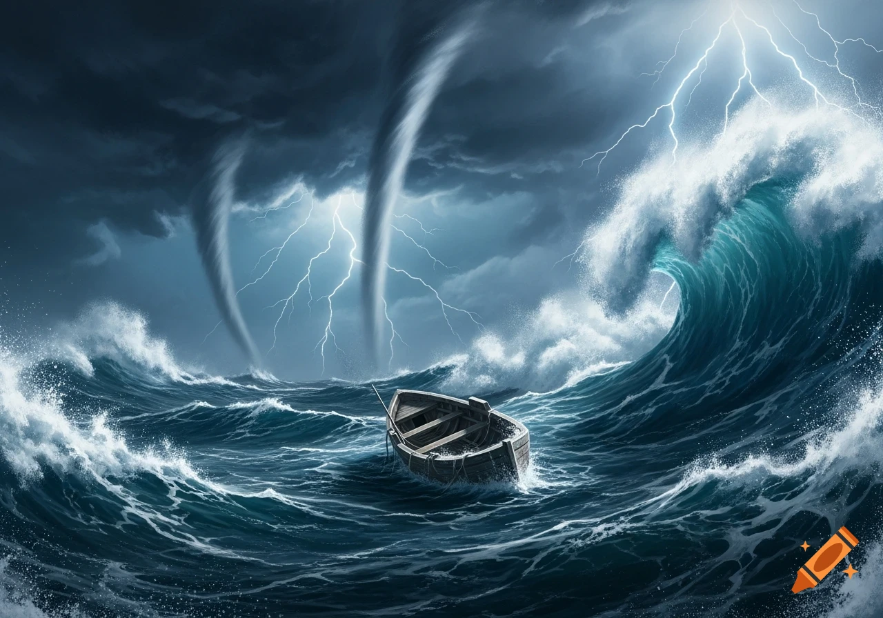 An empty wooden boat on a stormy, dark blue sea with towering waves, waterspouts, and lightning illuminating a dark sky.