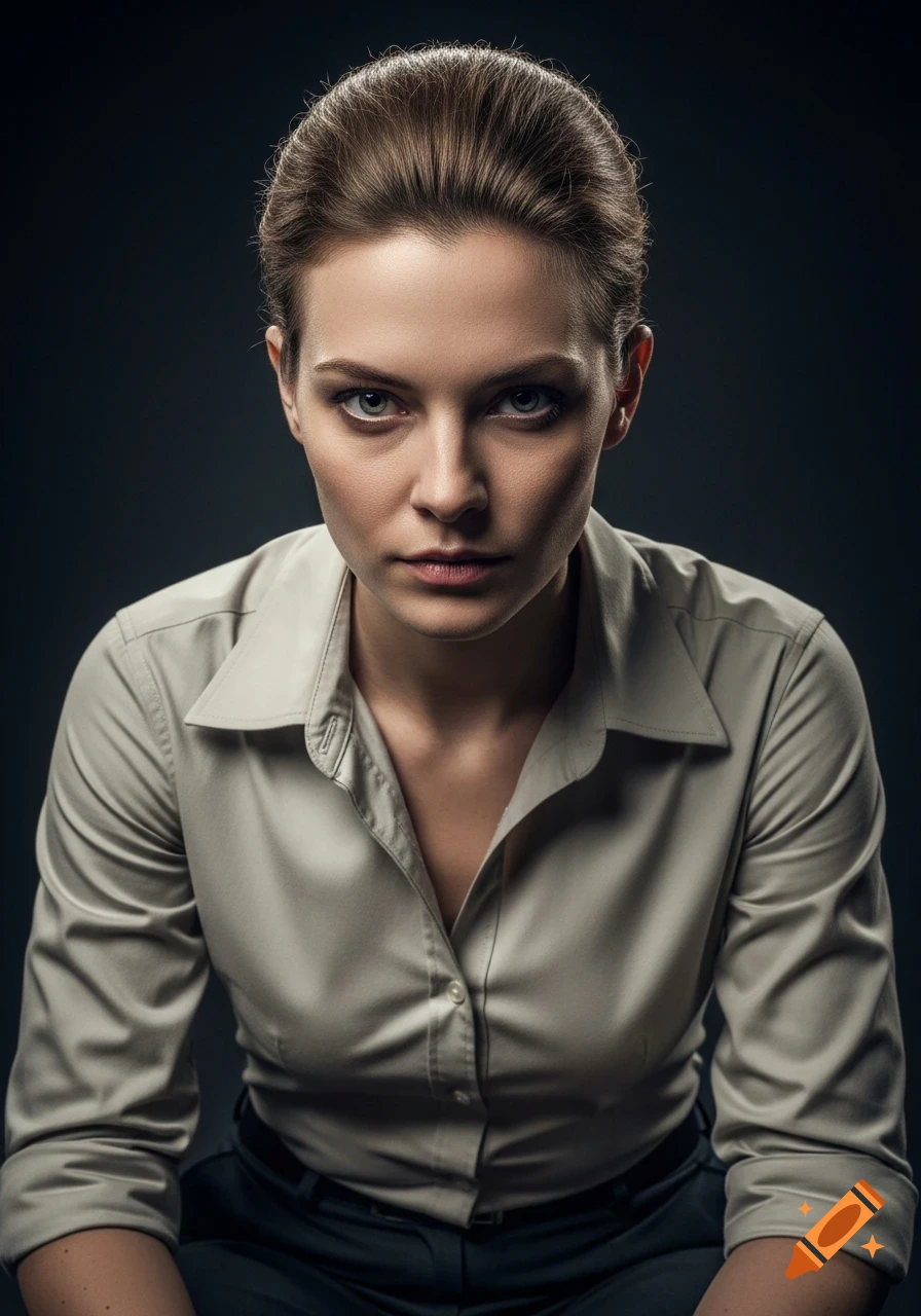A woman with an intense gaze and serious expression, wearing a professional button-up shirt and dark pants, in a realistic portrait.