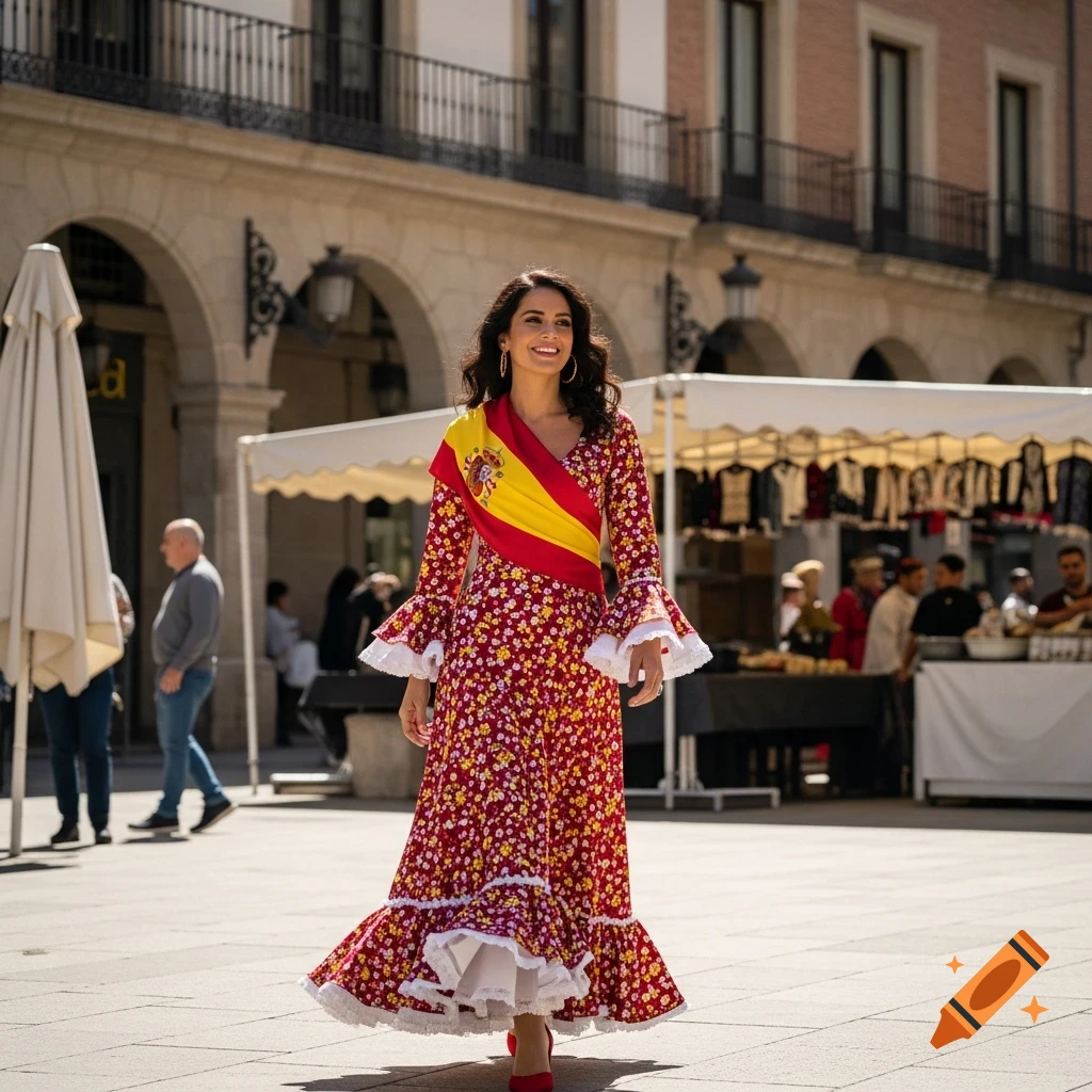 A smiling woman in a red floral Spanish dress with a flag sash walks through a sunny city square.