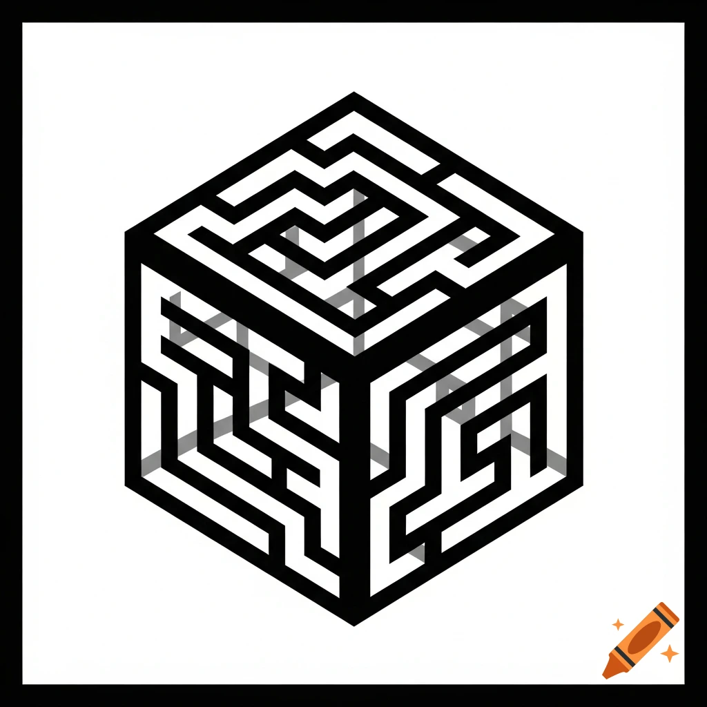 Black and white isometric maze cube icon, featuring a complex maze design on its three visible faces.