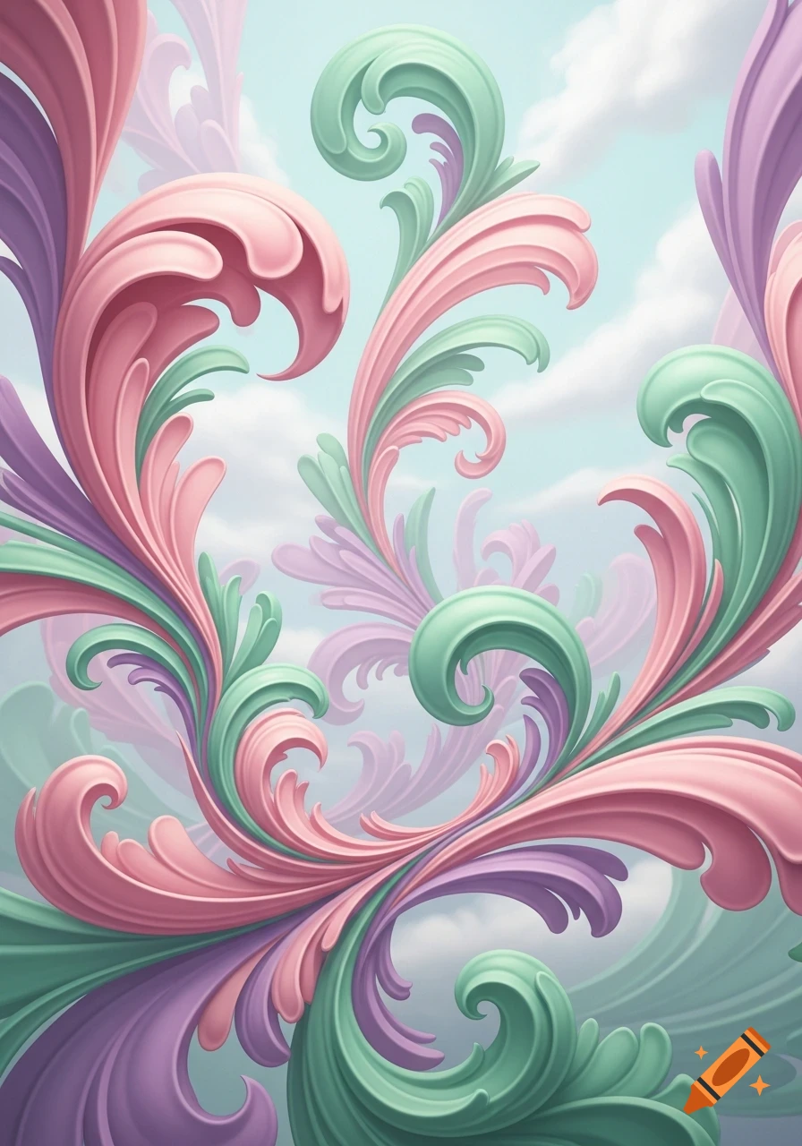Swirling pastel pink, green, and purple organic shapes with a 3D effect against a light blue sky with soft clouds.