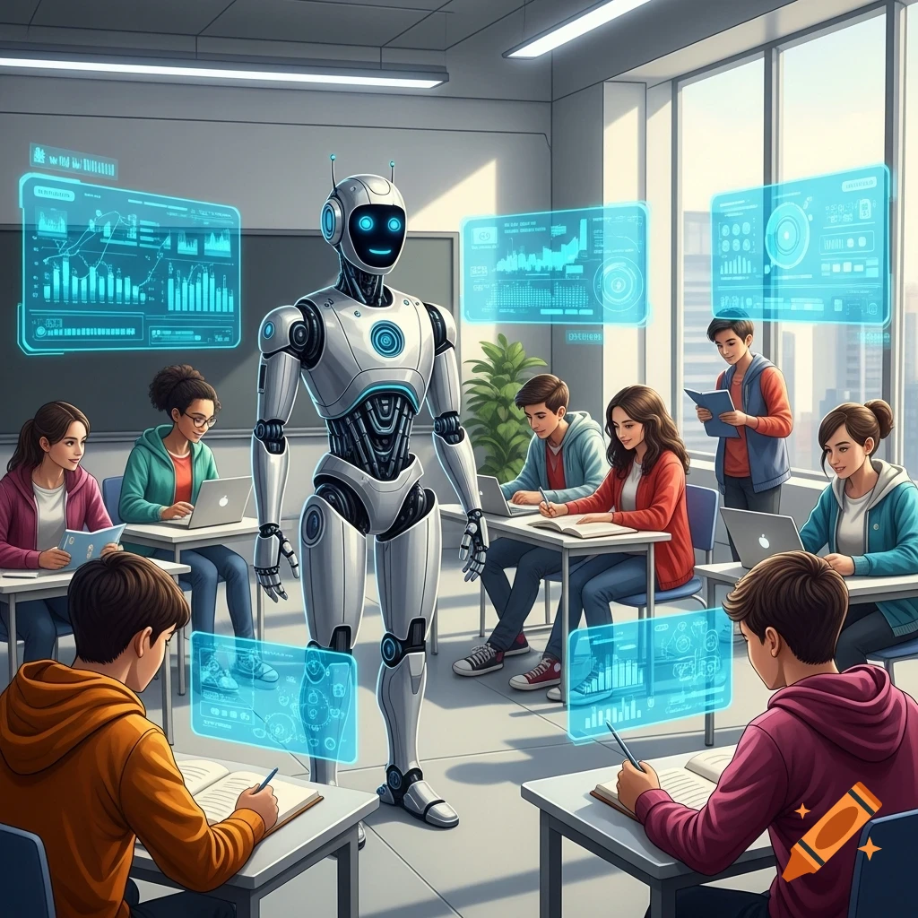 A friendly robot stands in a modern classroom, surrounded by students working at desks with glowing holographic displays.