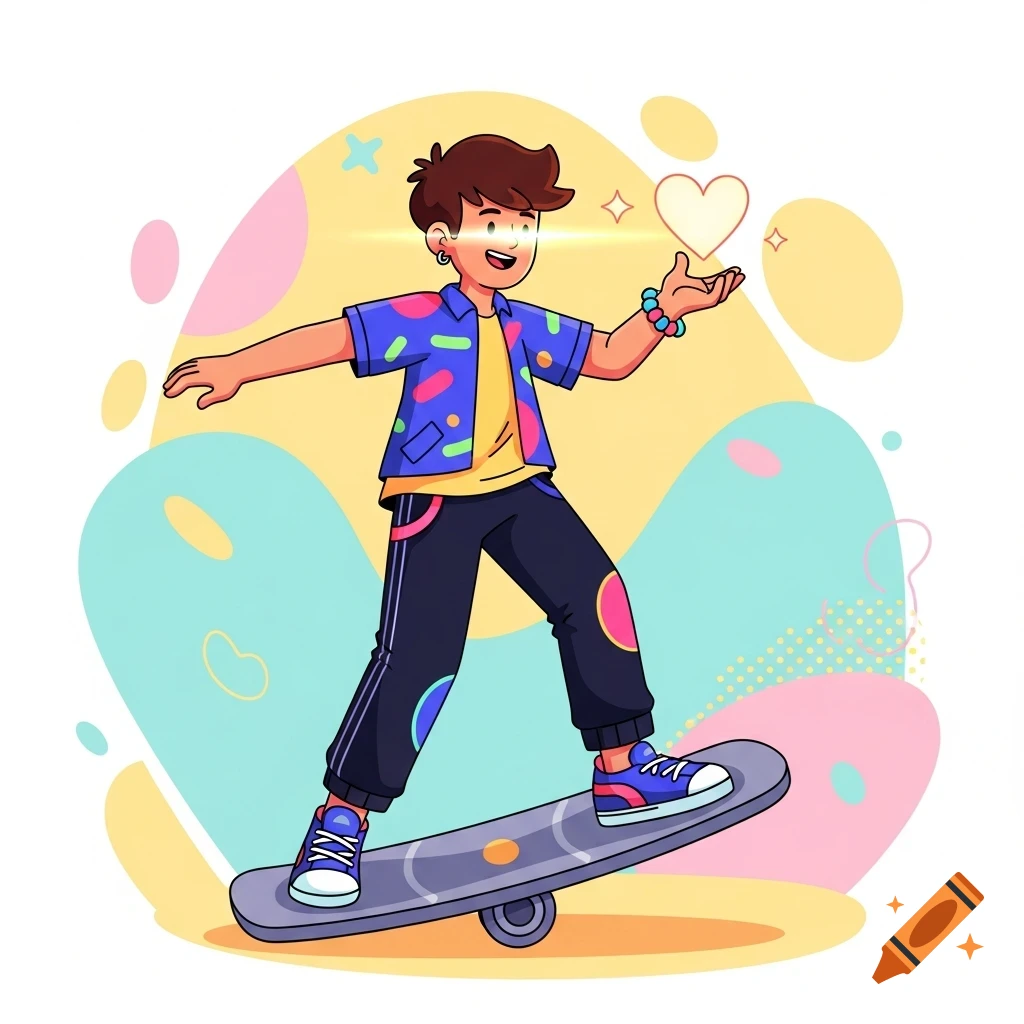 A vibrant cartoon teenager on a skateboard in a colorful shirt holds a glowing heart, set against an abstract background.