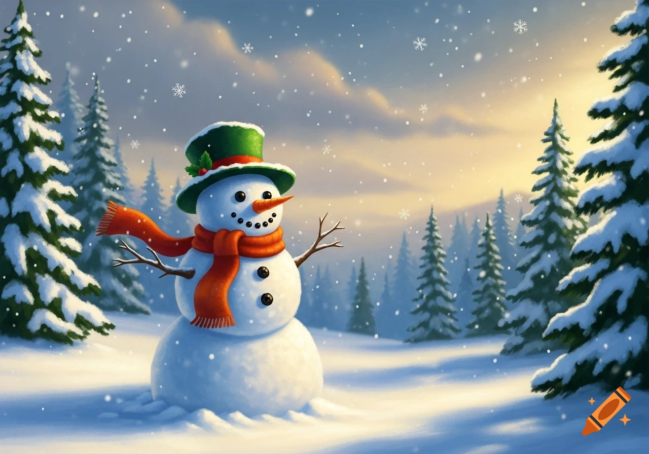 A cheerful snowman with a carrot nose, stick arms, a green top hat, and a red scarf stands in a snowy forest with falling snowflakes and a warm sky.