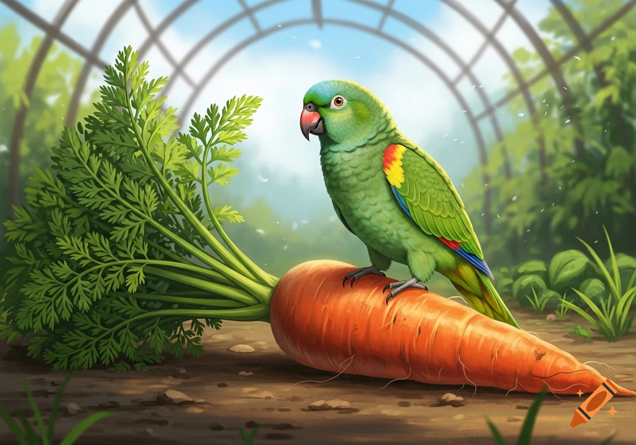 An illustrated green parrot with colorful wings stands on a large carrot in a garden.